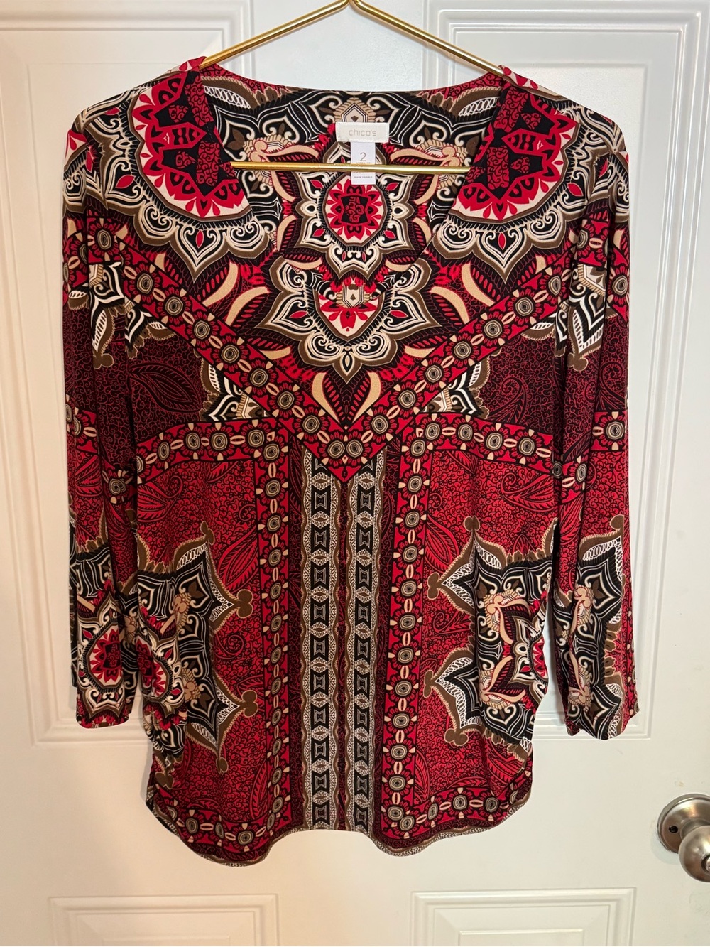 Chico's Boho Vibrant Blouse Top Bell Sleeves Ruched Sides Sz 2 (Large)